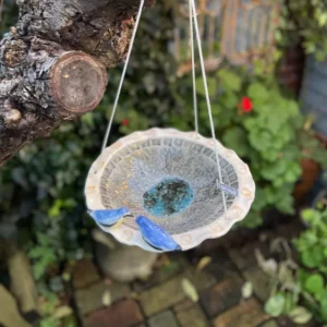 Hanging Bird bath or Feeder - With two bluebirds